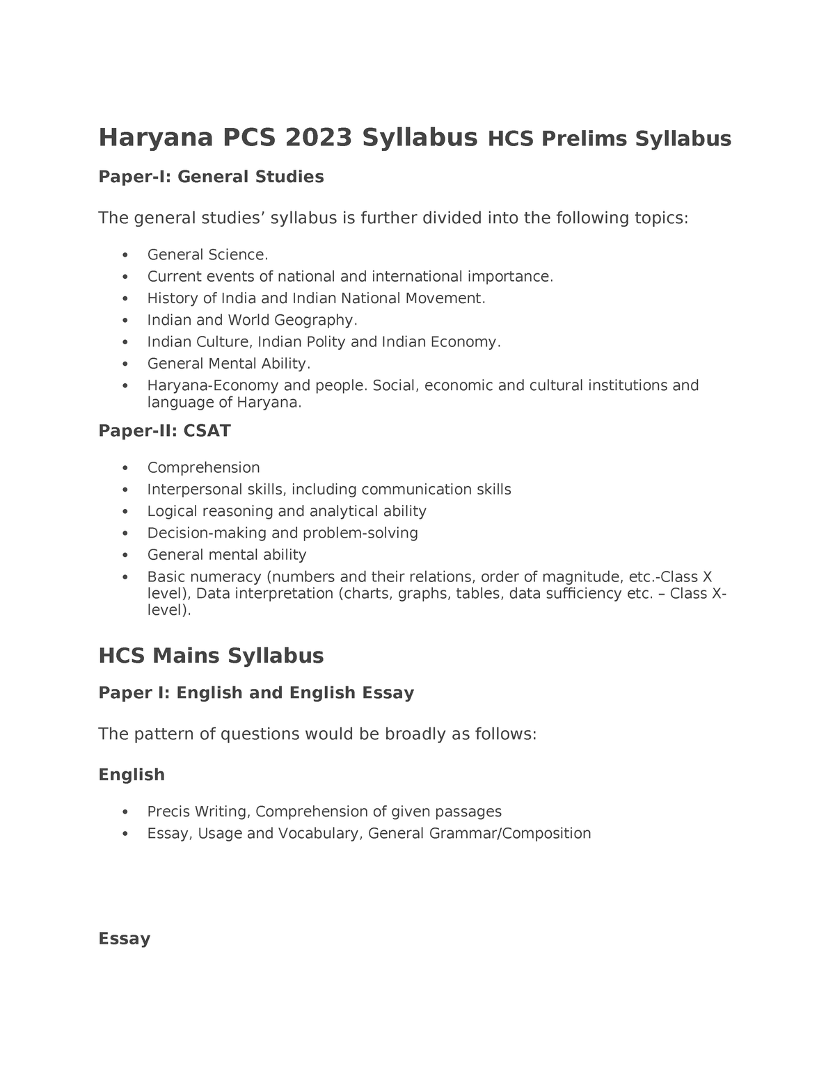 Haryana PCS 2023 Syllabus - Haryana PCS 2023 Syllabus HCS Prelims ...