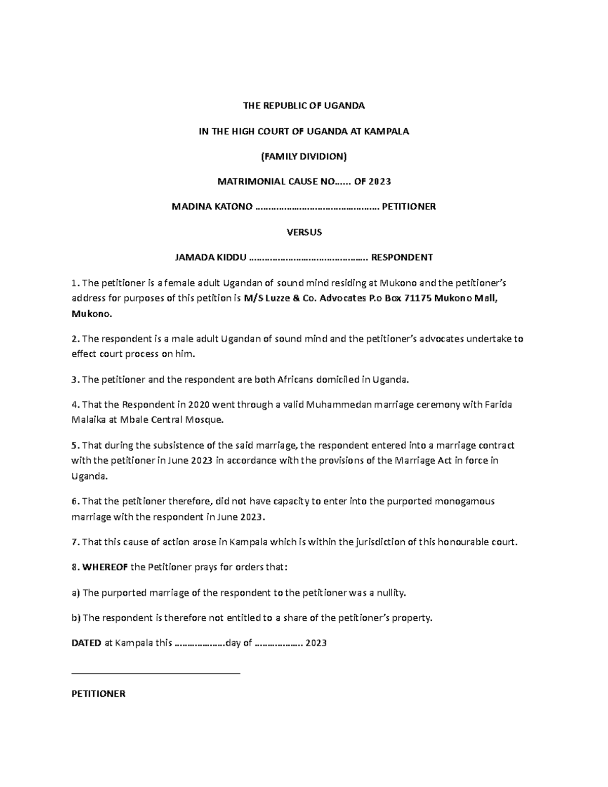 Documents FOR Nullity OF Marriage11 THE REPUBLIC OF UGANDA IN THE