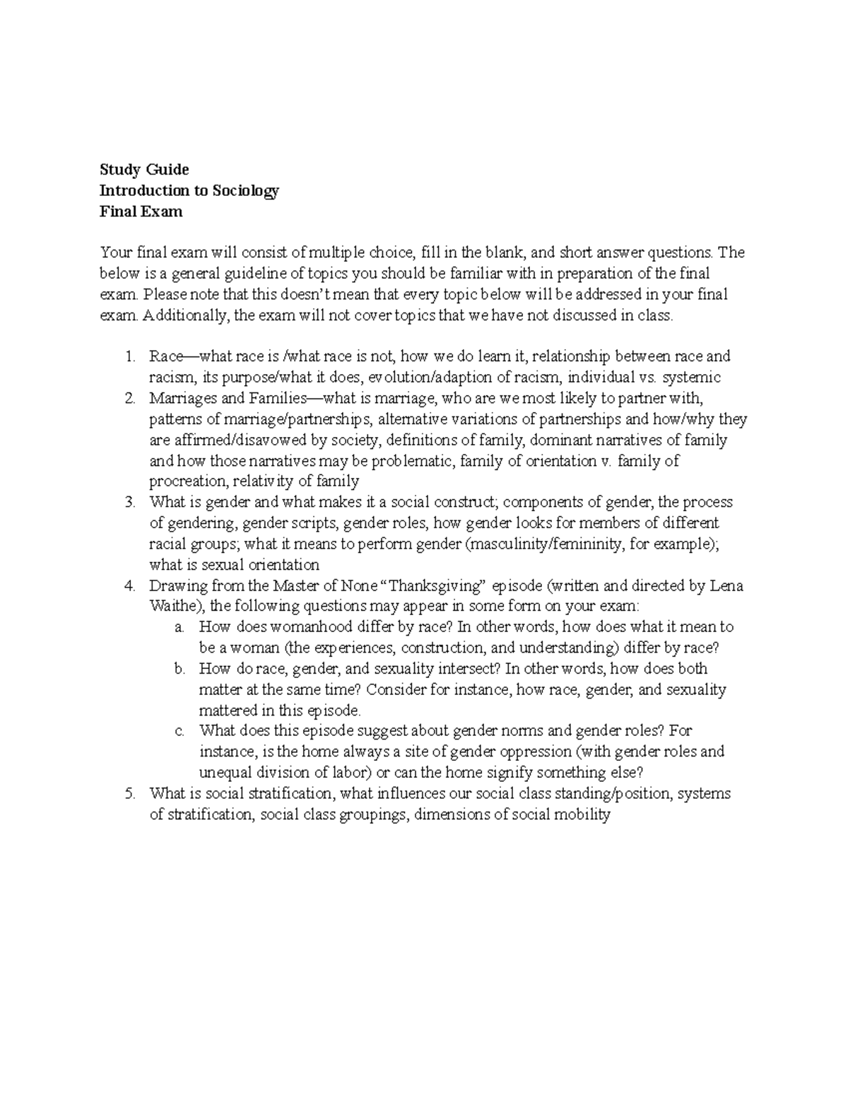 Study Guide for final exam for introduction to sociology - Study Guide ...