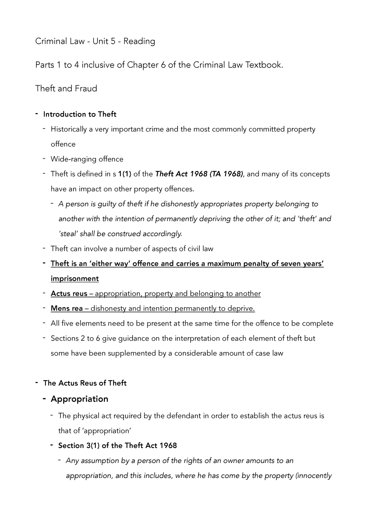 Criminal Unit 5 Reading - Criminal Law - Unit 5 - Reading Parts 1 To 4 ...