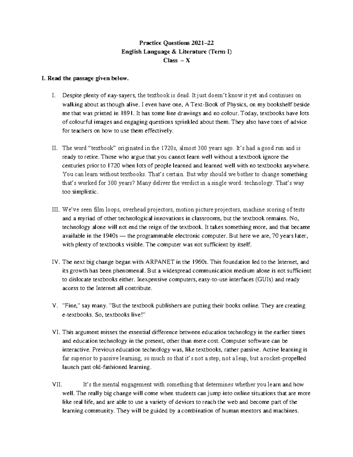 English practice question paper - Practice Questions 2021– 22 English ...