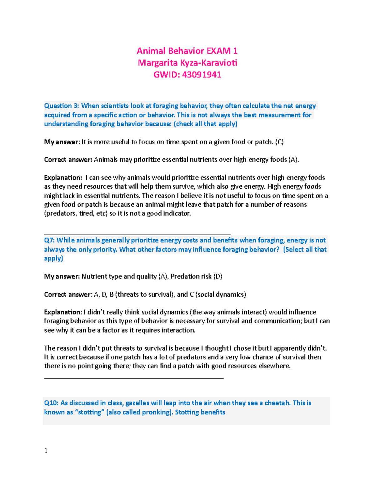 Animal Behavior College Stage 7 Exam Answers