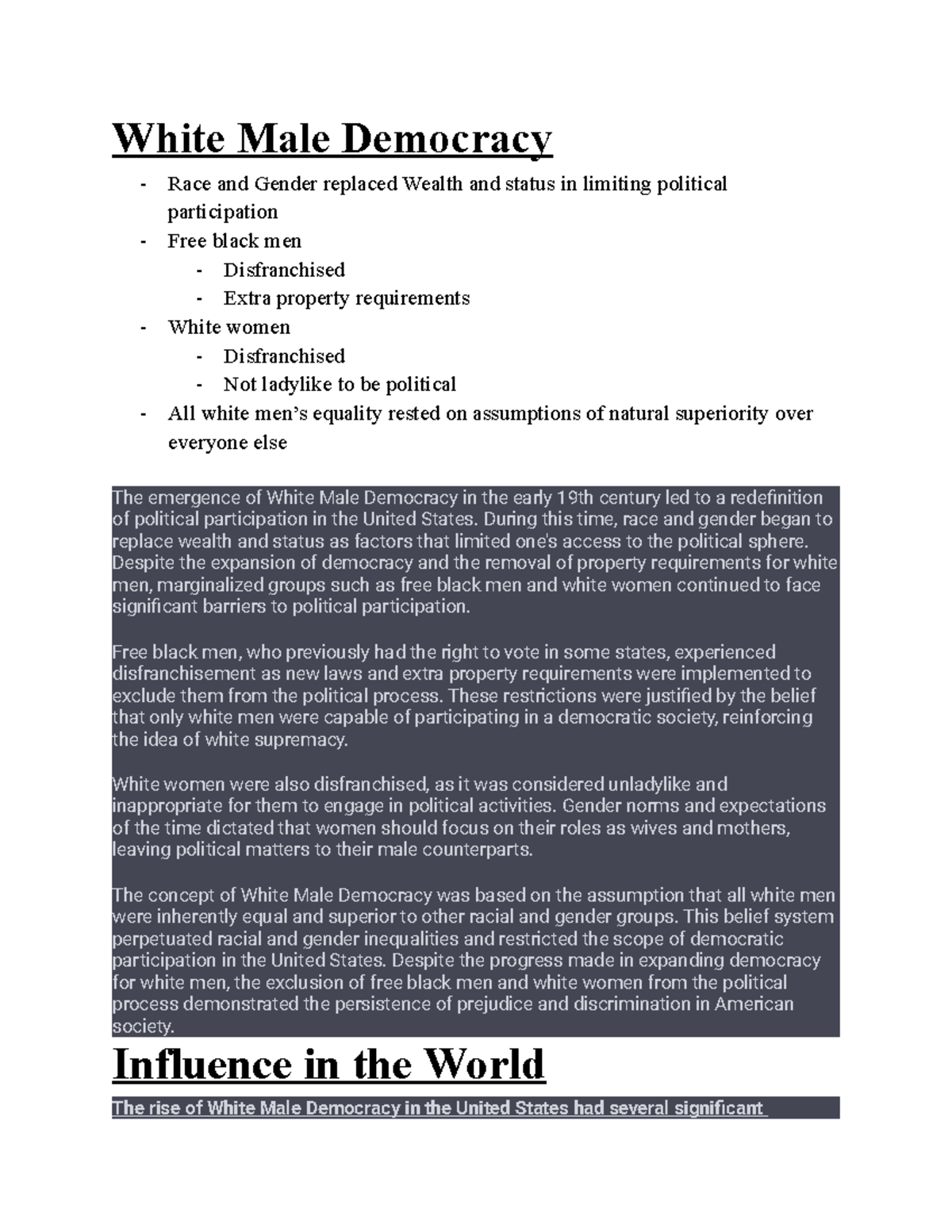 White Male Democracy influence in the world Key Questions - White Male ...
