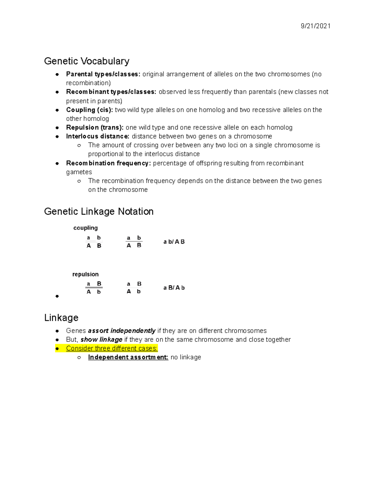 Eukaryotic Linkage Mapping Notes (BIO SC 2200) - Genetic Vocabulary ...