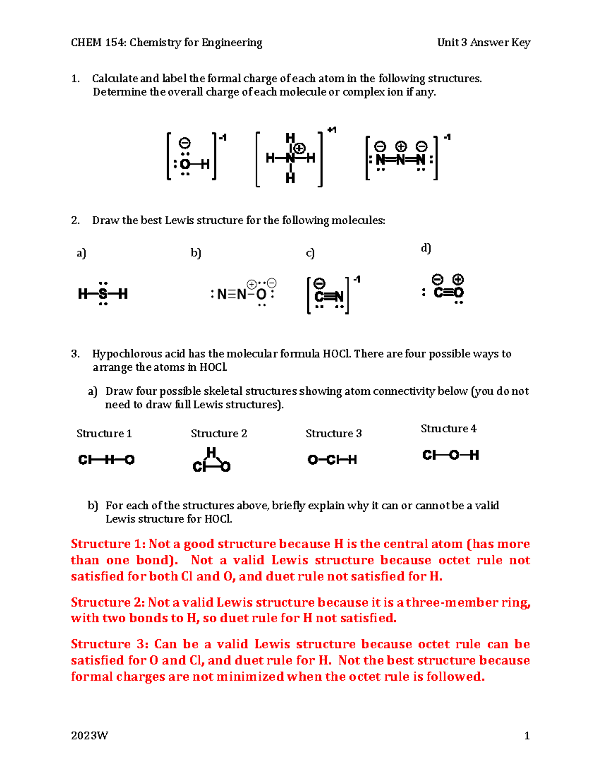 2023W CHEM154-WS-Unit 3 KEY Q1-15 - Calculate and label the formal ...