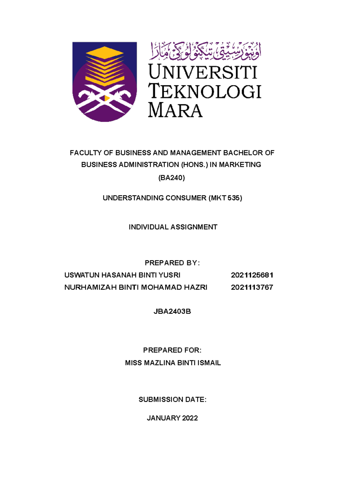 MKT 535 PAIR Assignment consumer behaviour - FACULTY OF BUSINESS AND ...