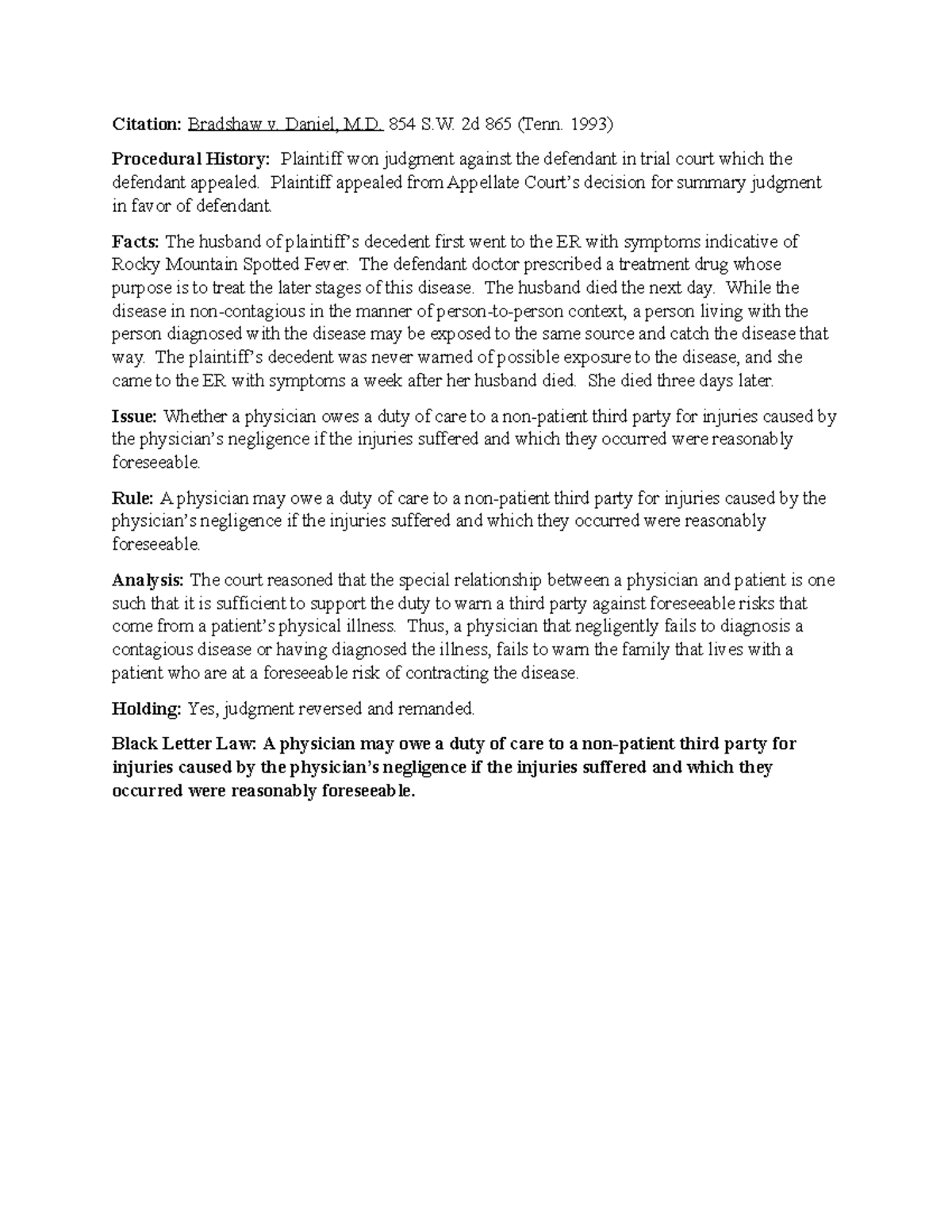 Bradshaw v Daniel MD Case Brief Citation Bradshaw v. Daniel, M. 854