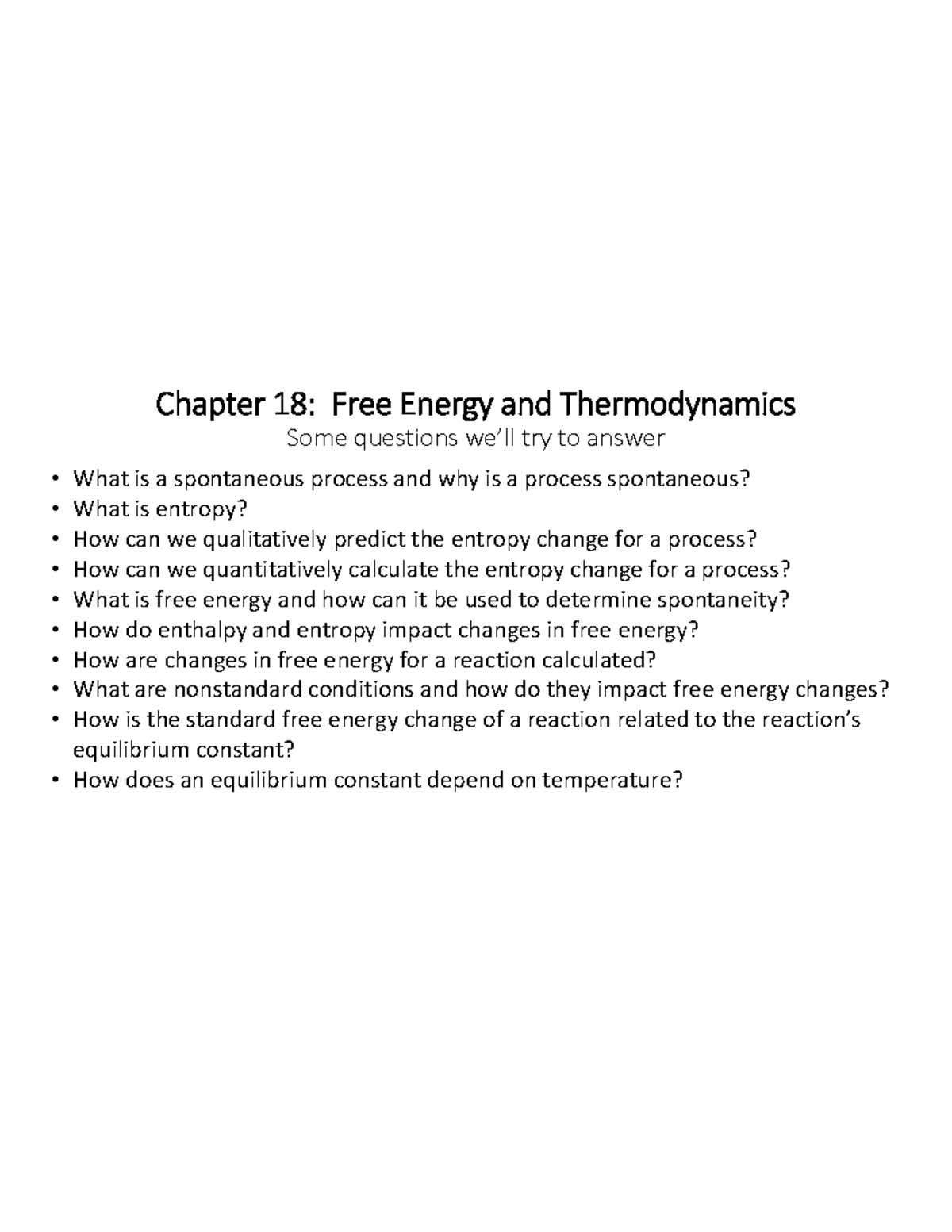 Chapter 18 - Quiz 9 - Lecture notes 10 - Chapter 18 : Free Energy and ...