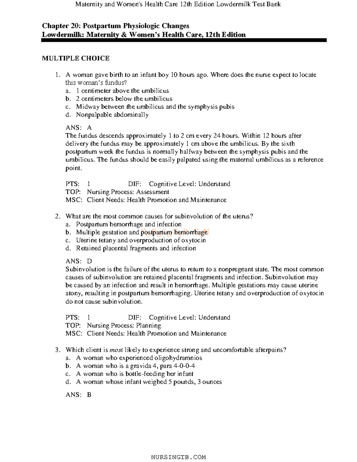 20 Test Bank For Nursing - NURSINGTB Chapter 20: Postpartum Physiologic ...