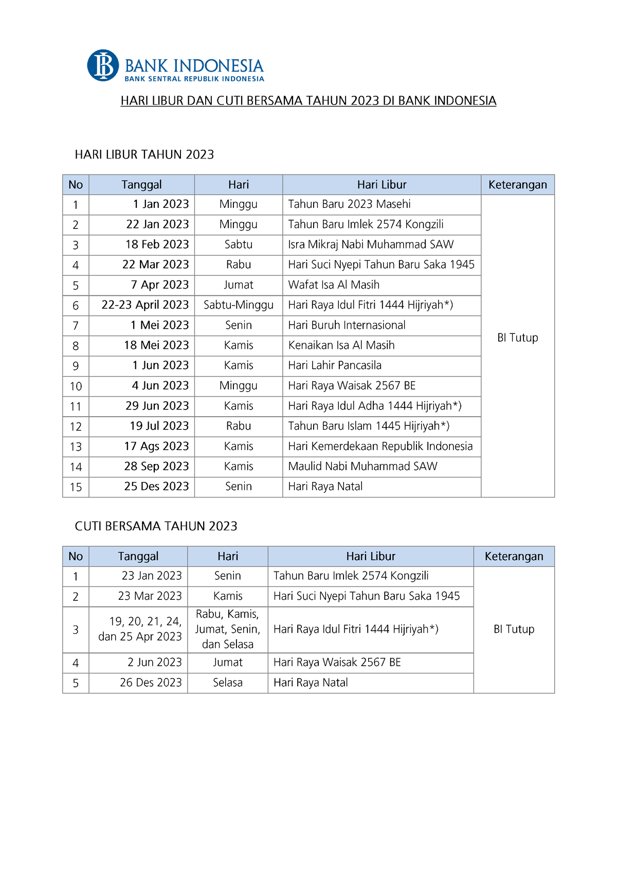 Kalender-Libur-BI-2023 - Filsafat Hukum - Studocu