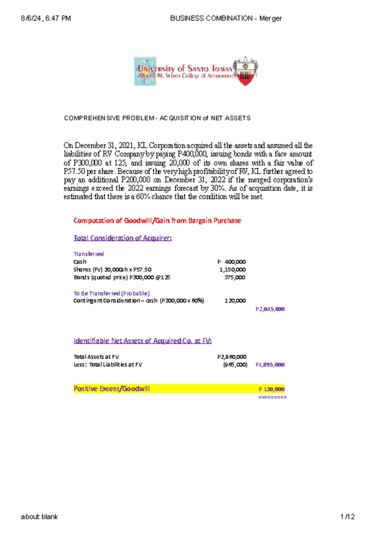 Business Combination - Merger - COMPREHENSIVE PROBLEM - ACQUISITION of ...