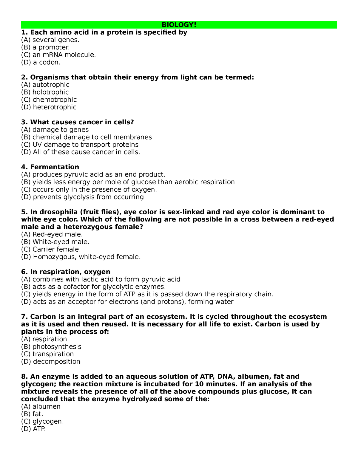 Practice SET 2 - NMAT - BIOLOGY! Each Amino Acid In A Protein Is ...