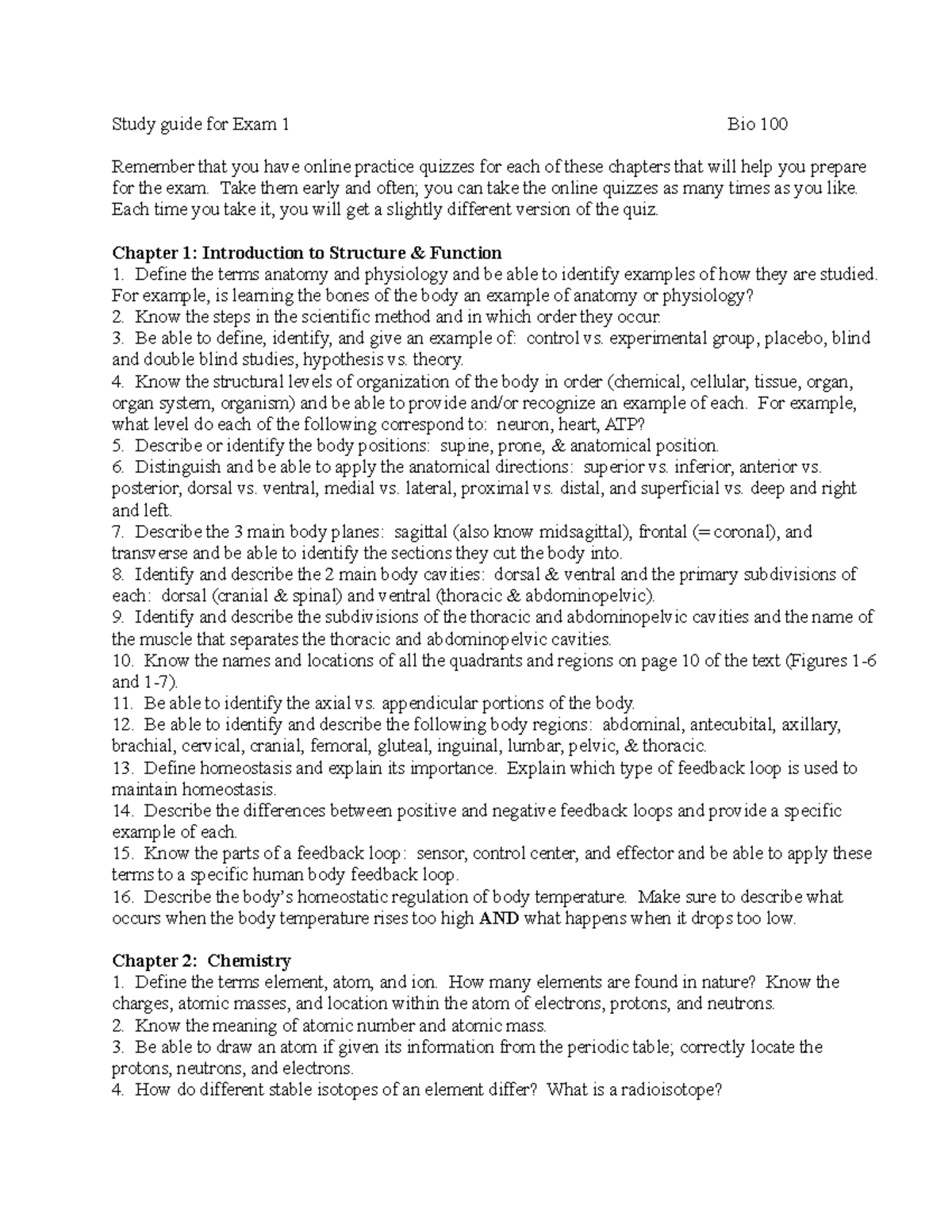 Study guide for Exam 1Bio 100 S20 - Study guide for Exam 1 Bio 100 ...