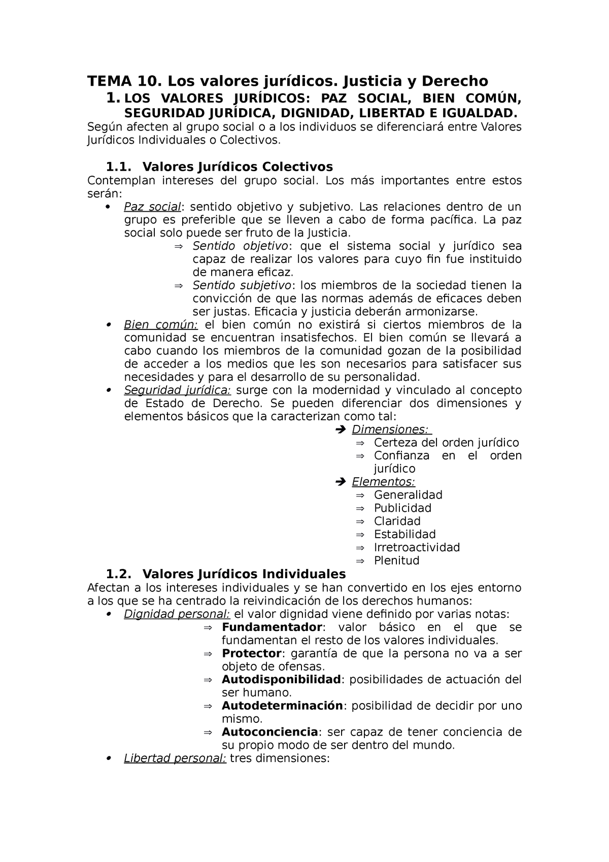 Tema 10 Apuntes 10 Tema 10 Los Valores Jurídicos Justicia Y Derecho 1 Valores JurÍdicos 2269