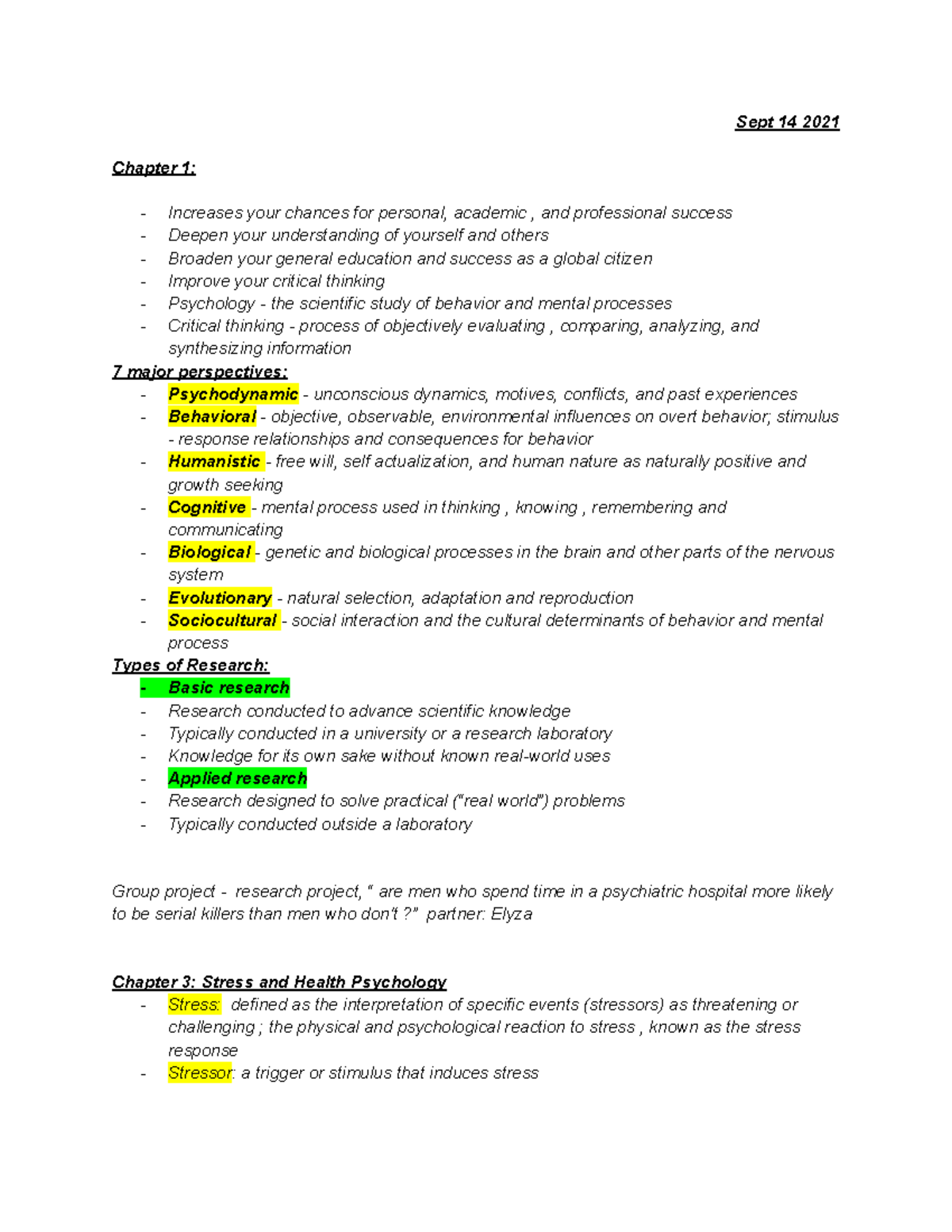 Introduction To Psychology Lecture Notes - Sept 14 2021 Chapter 1 ...