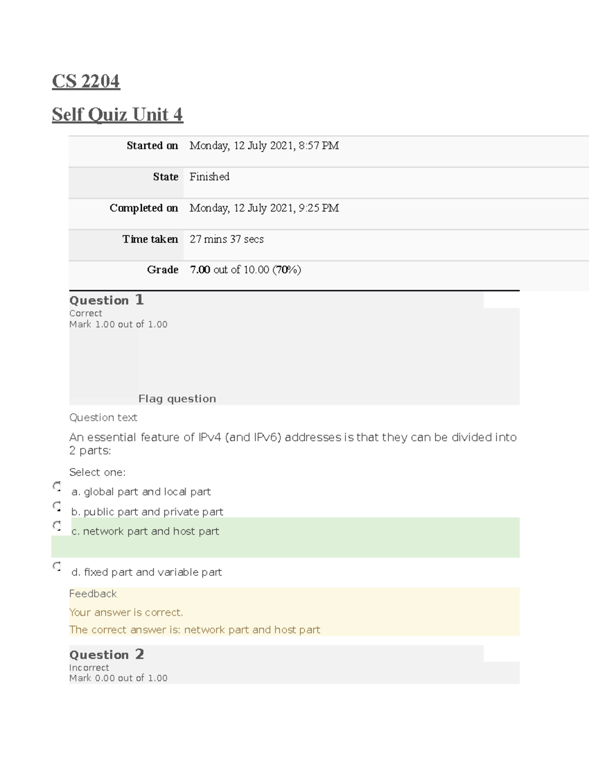 CS2204 Self Quiz Unit 04 - CS 2204 Self Quiz Unit 4 Started On Monday ...