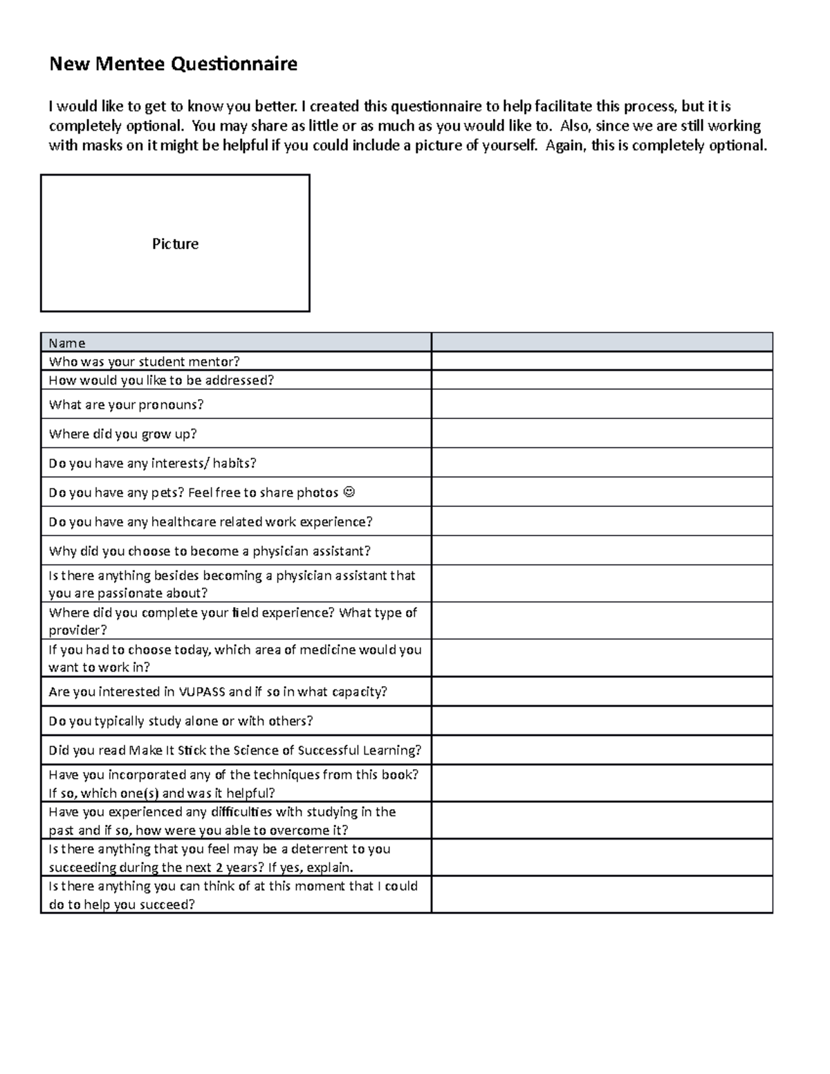 New Mentee Questionnaire - I created this questionnaire to help ...