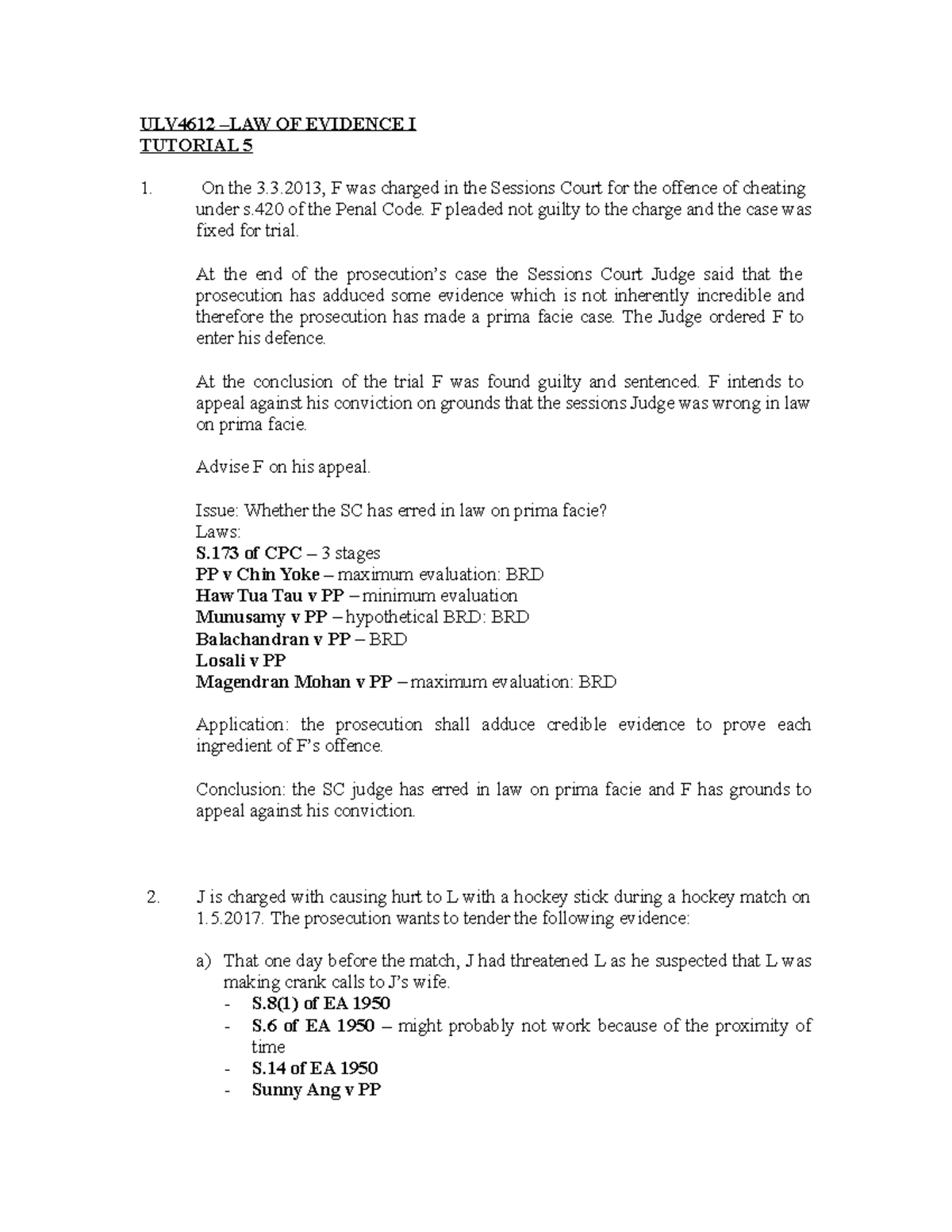 ULV4612 - Law of Evidence I (Tutorial 5 Qs) - MMU - Studocu