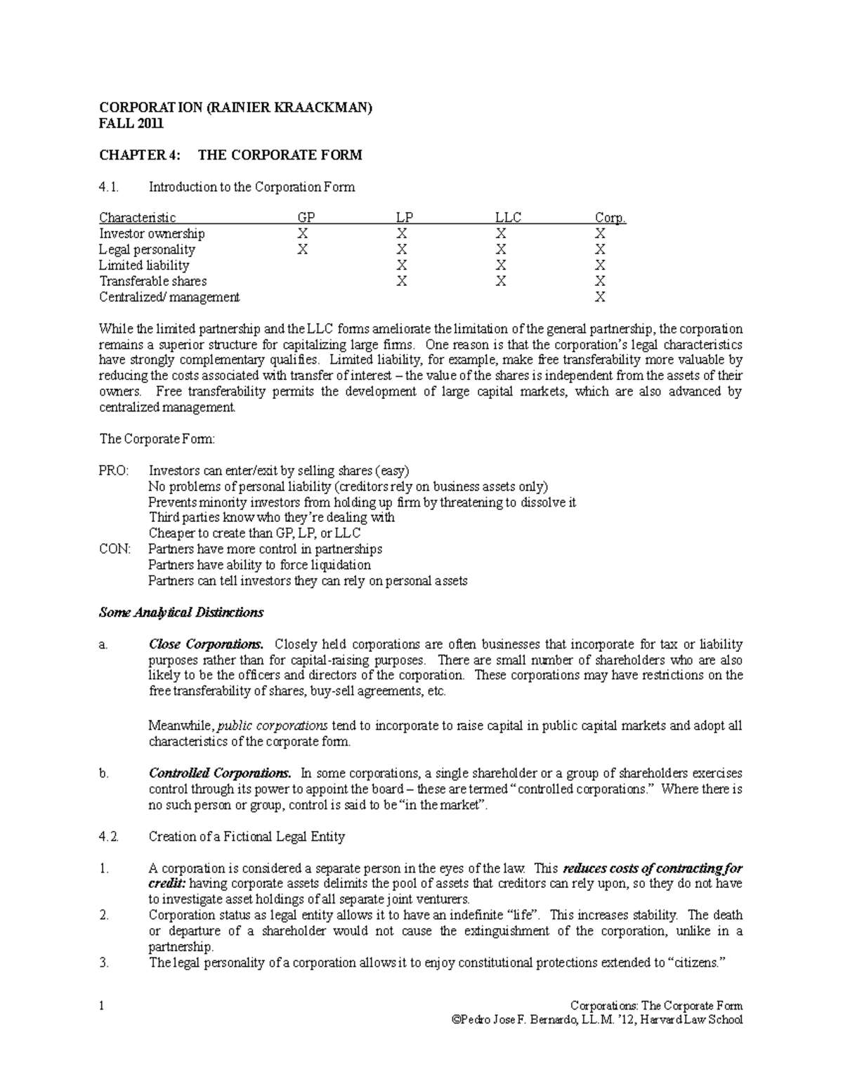 Corporation Law lecture notes with Prof. Kraakman - CORPORATION ...