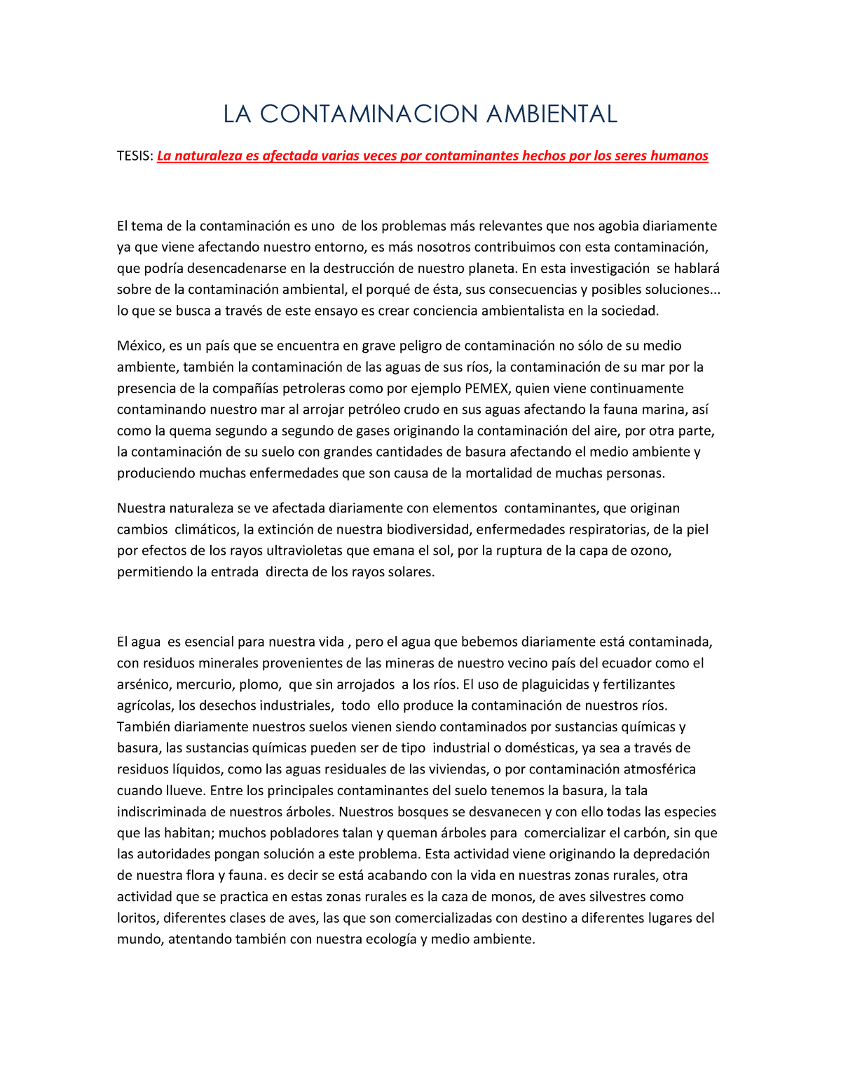 La Contaminacion Ambiental La Contaminacion Ambiental Tesis La