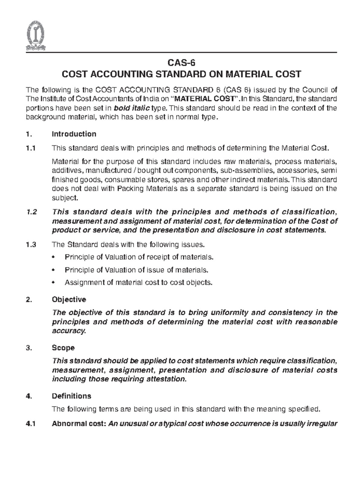 CAS6 - Lecture notes 1 - CAS- COST ACCOUNTING STANDARD ON MATERIAL COST ...