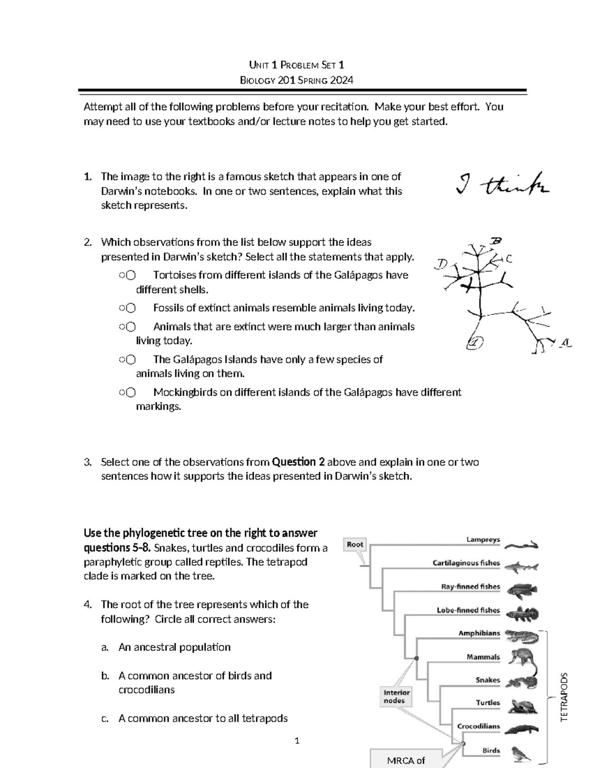 Unit+1+Problem+Set+SP24 - 1 UNIT 1 PROBLEM SET 1 BIOLOGY 201 SPRING ...