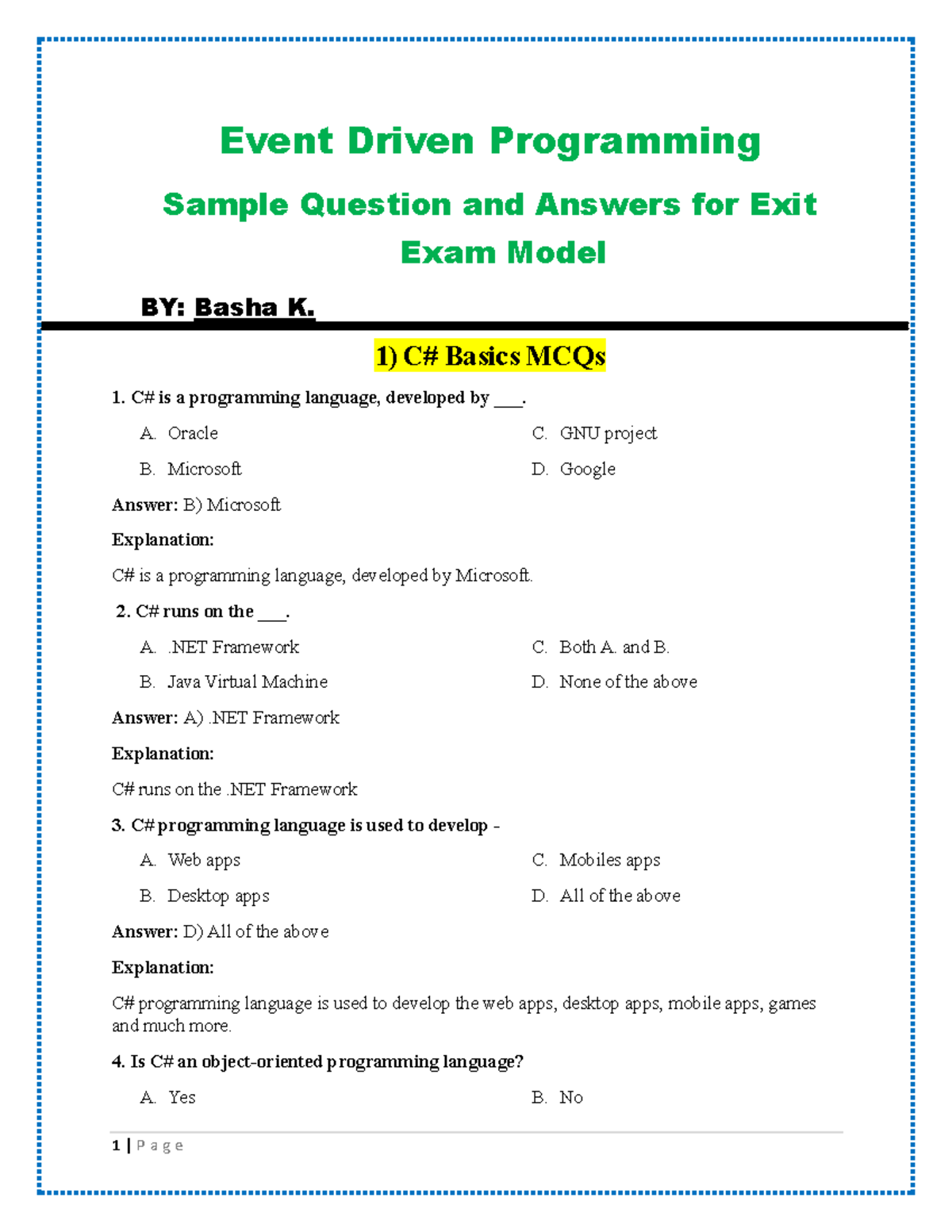 C# exit exam worksheet - Event Driven Programming Sample Question and ...