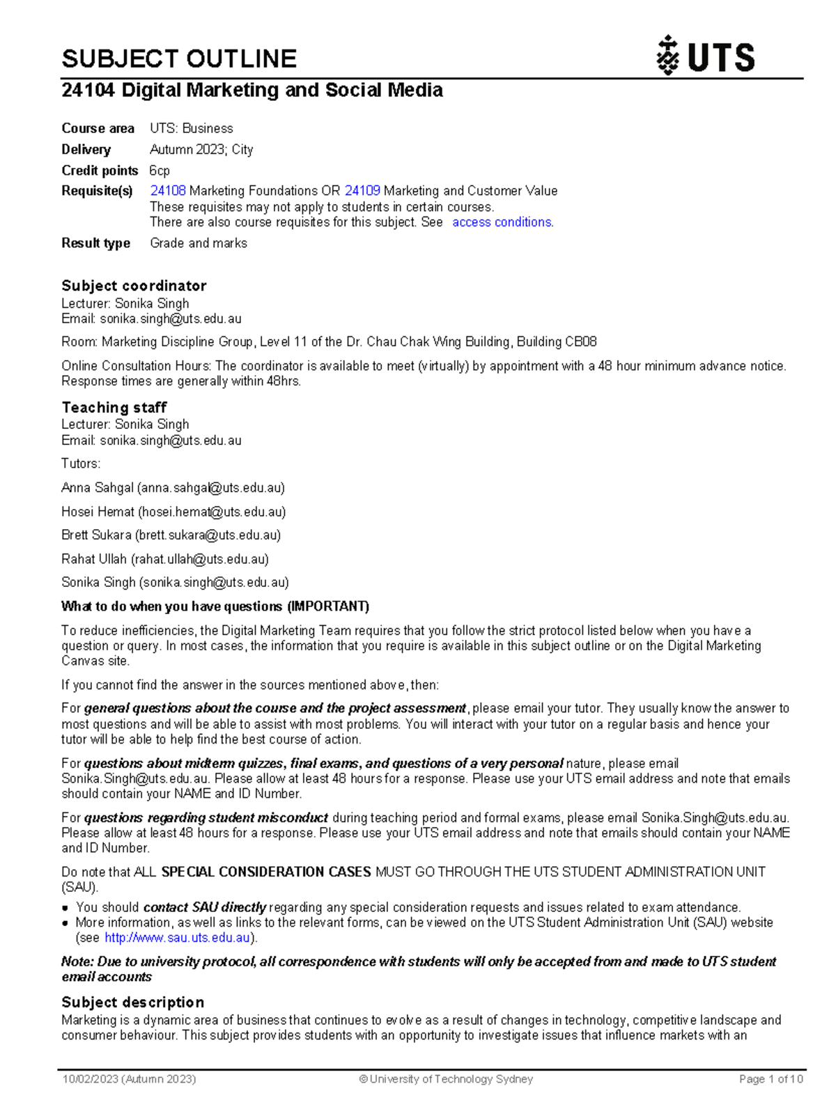 DMSM Subject outline SUBJECT OUTLINE 24104 Digital Marketing and