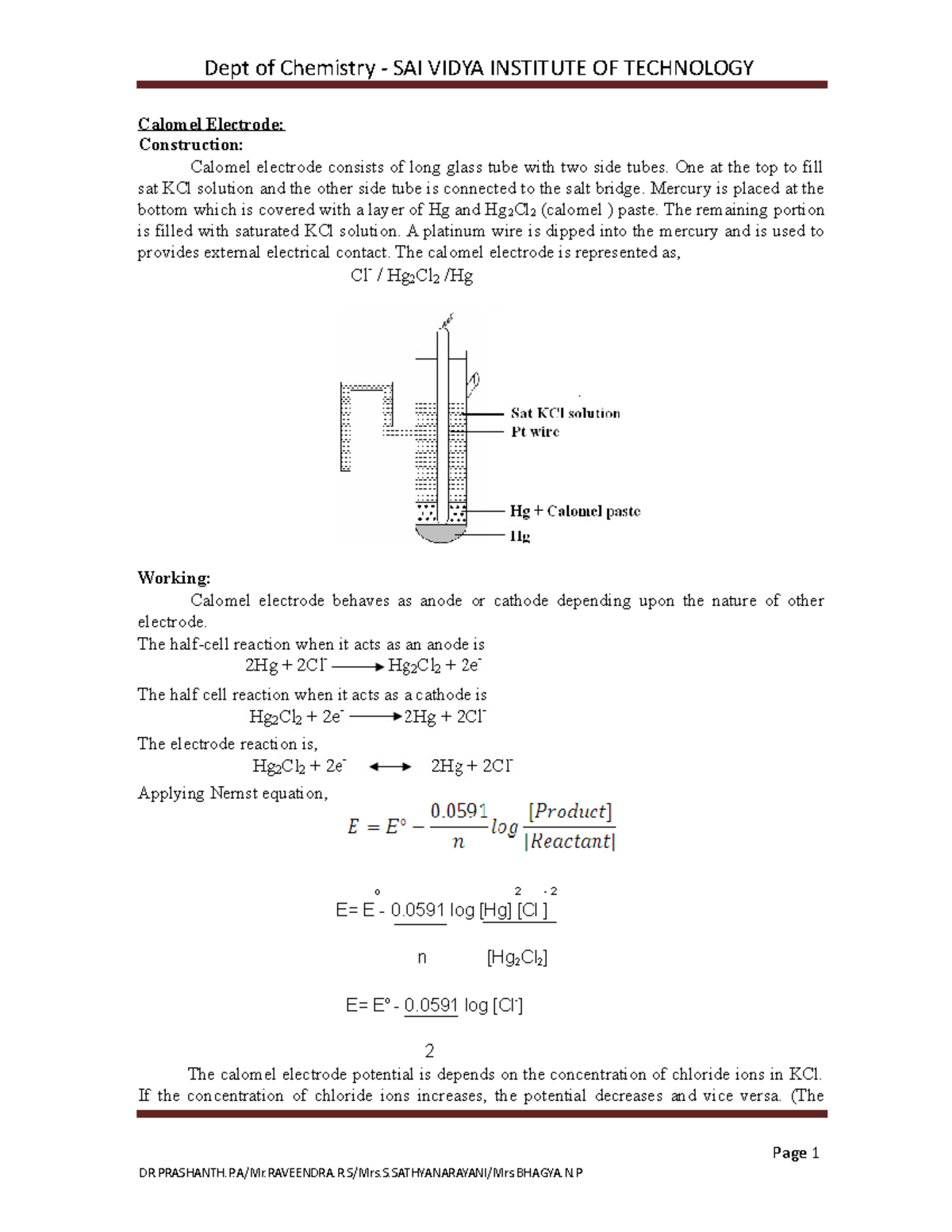 Engineeringchemistry Calomel Electrode Construction Calomel