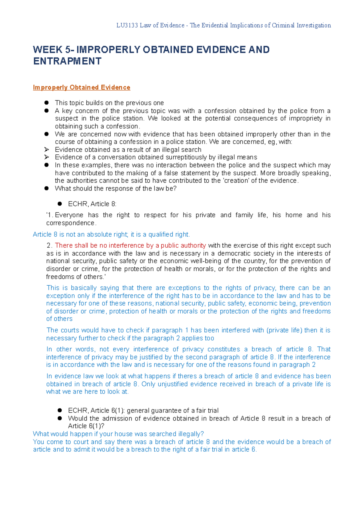 Evidence Law Lecture 5 Notes (own notes) Improperly Obtained Evidence
