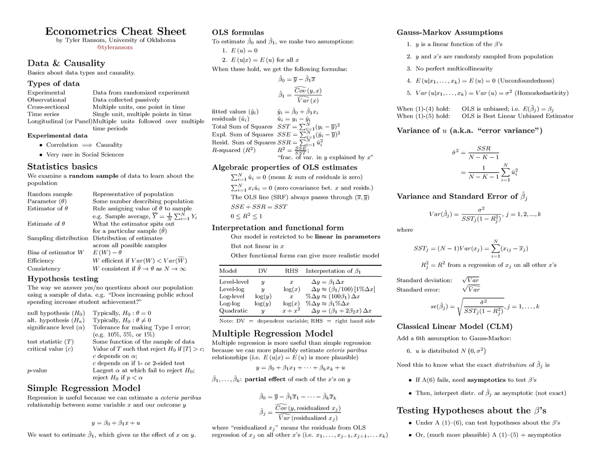 Econometrics Cheat Sheet - Types of data Experimental Data from ...