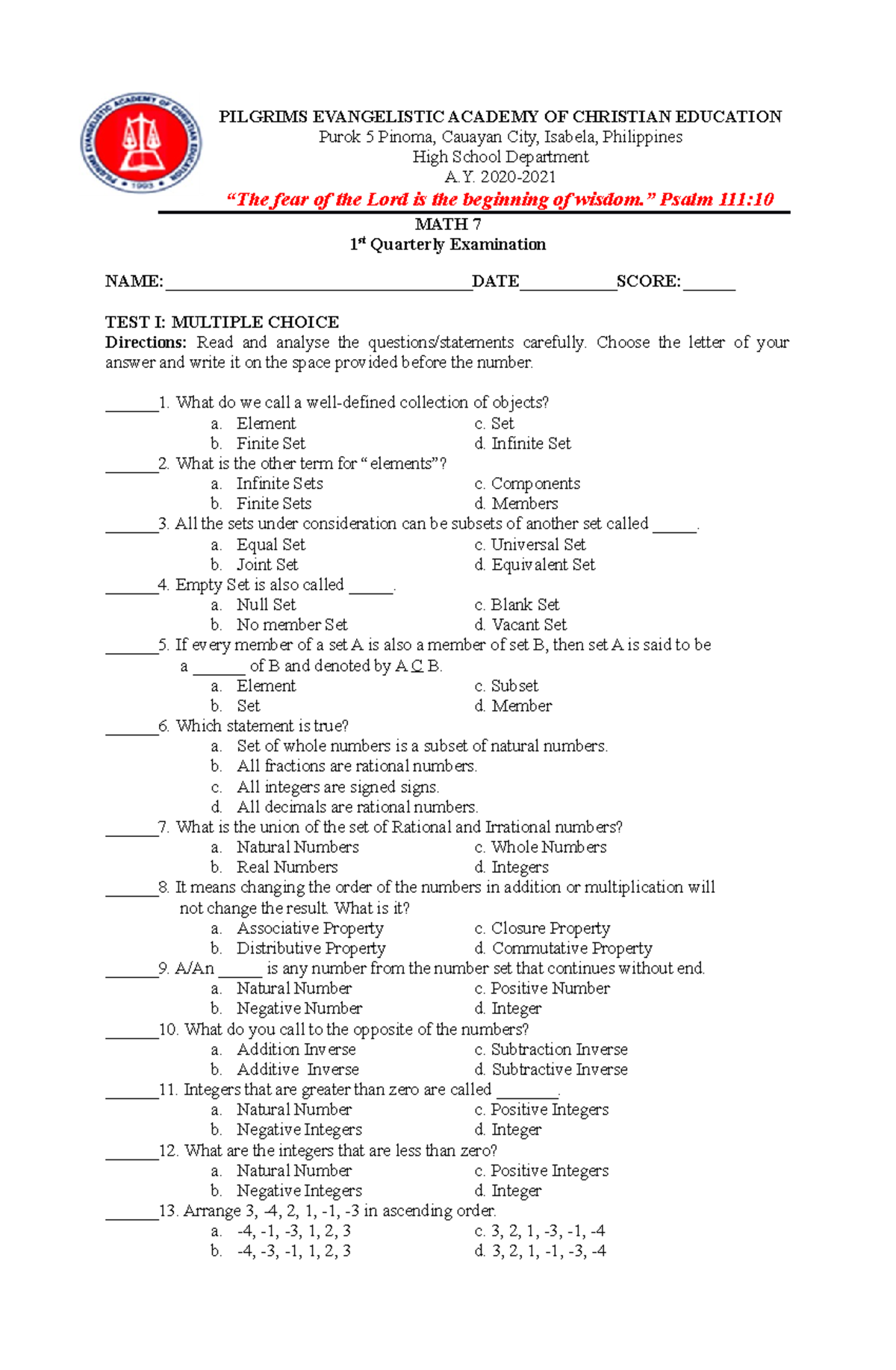 Math 7- done - Math 7 - PILGRIMS EVANGELISTIC ACADEMY OF CHRISTIAN ...