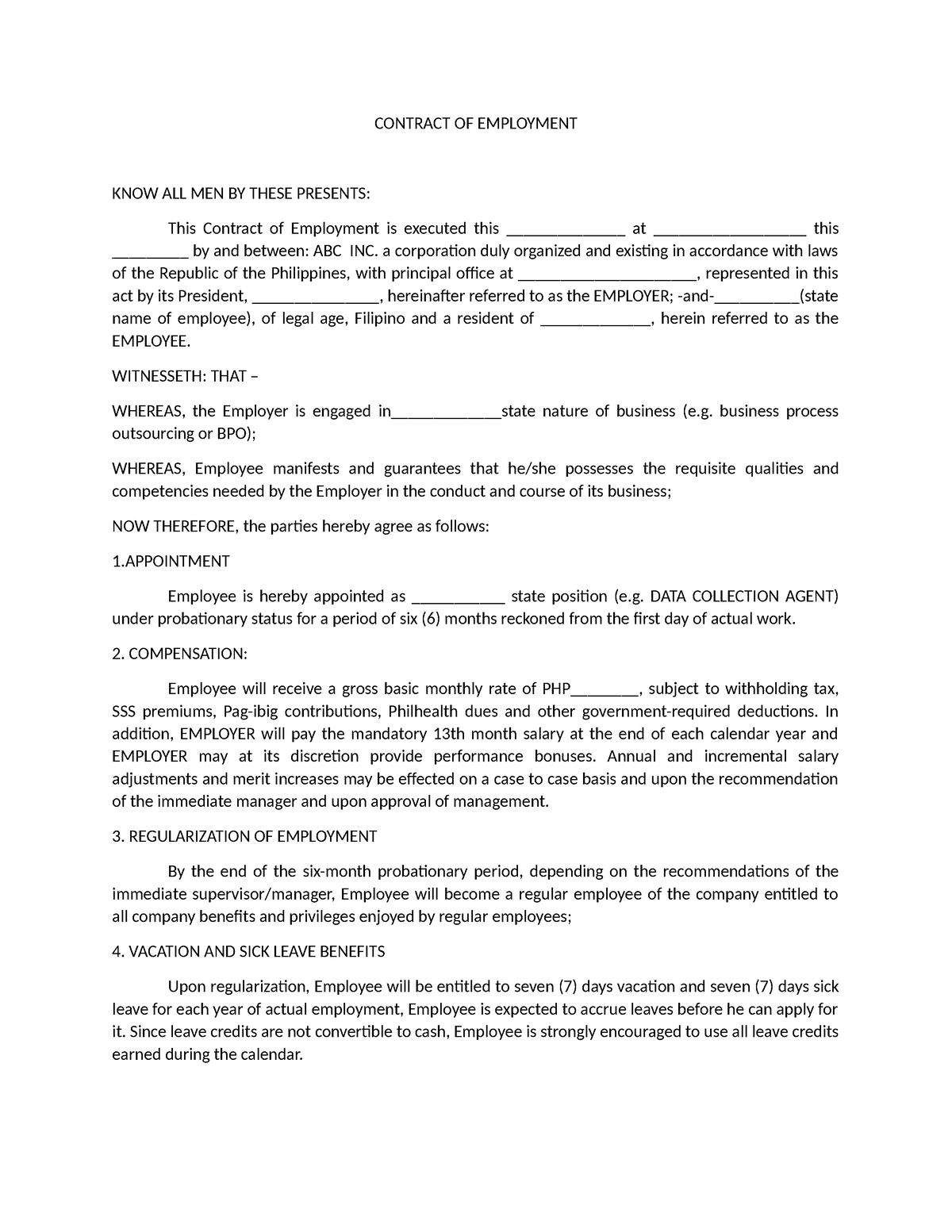 Contract Of Employment - A Corporation Duly Organized And Existing In 