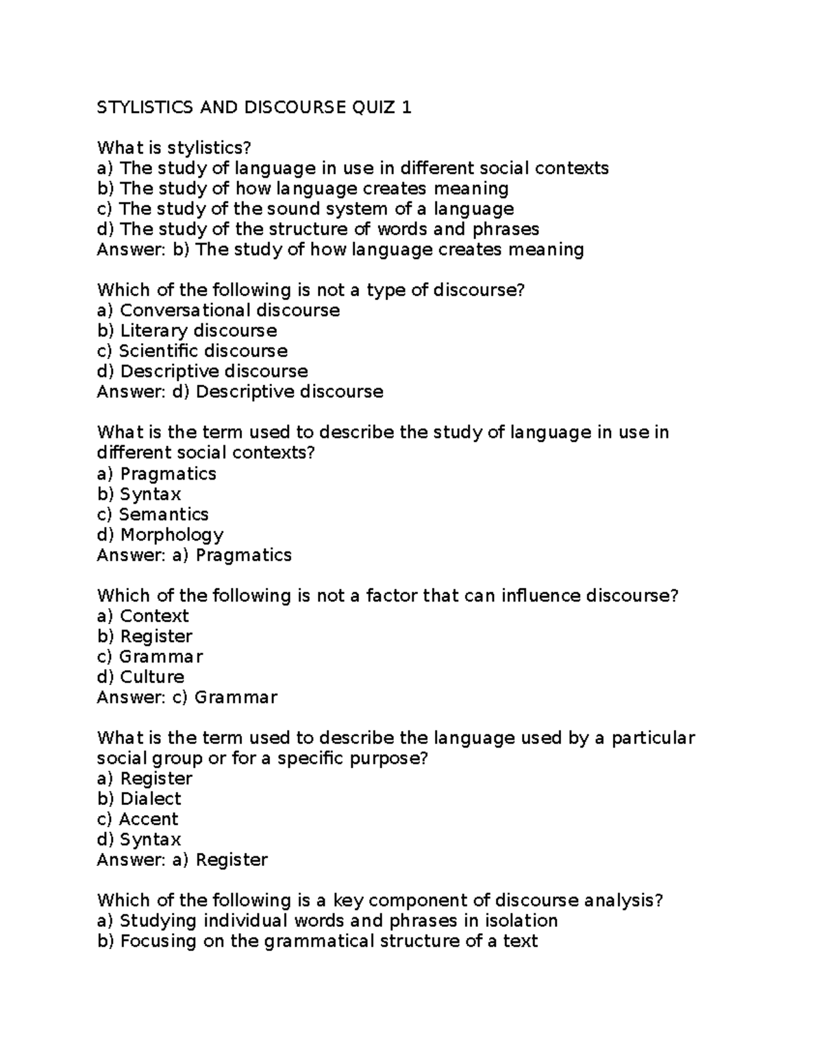 Stylistics And Discourse Quiz 1 Stylistics And Discourse Quiz 1 What