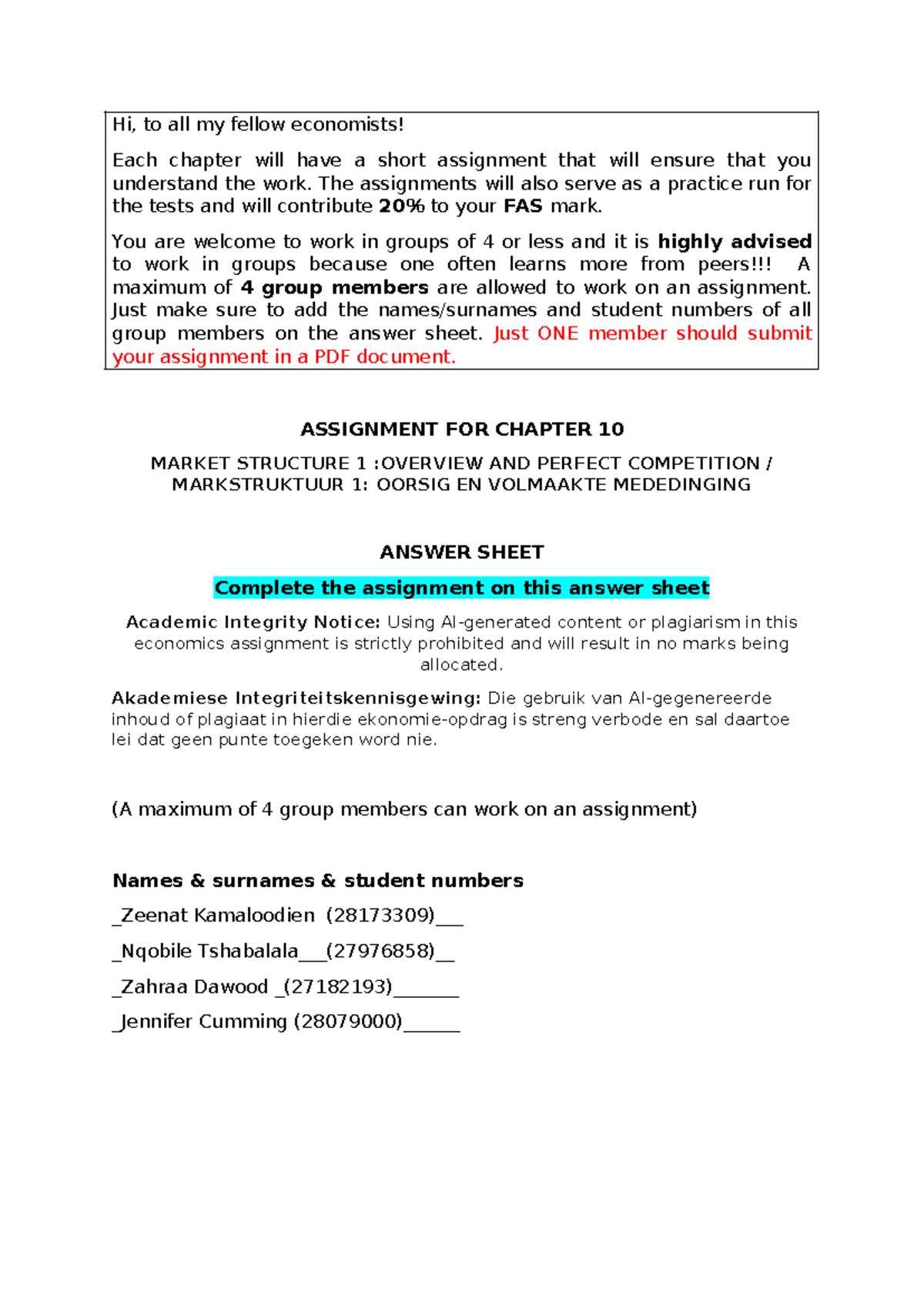 Chapter 10 Assignment - It gives gives respond respond profit when when ...