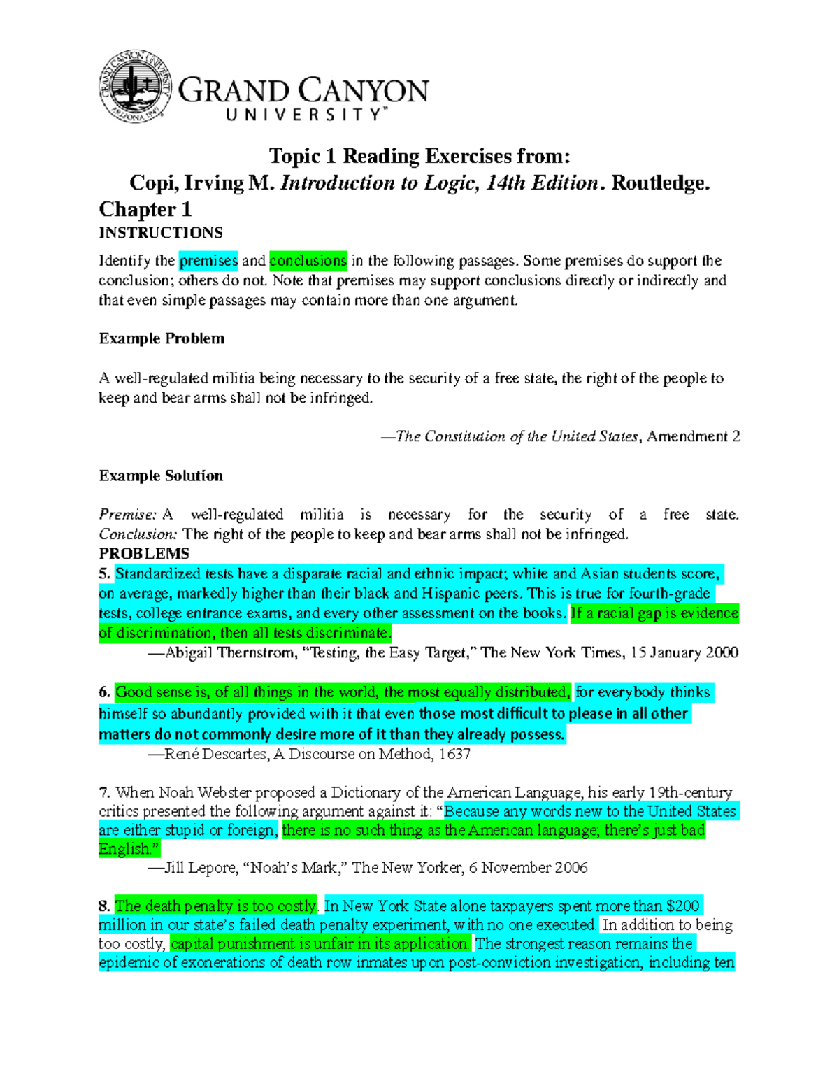 Topic 1 Reading - Topic 1 Reading Exercises from: Copi, Irving M ...