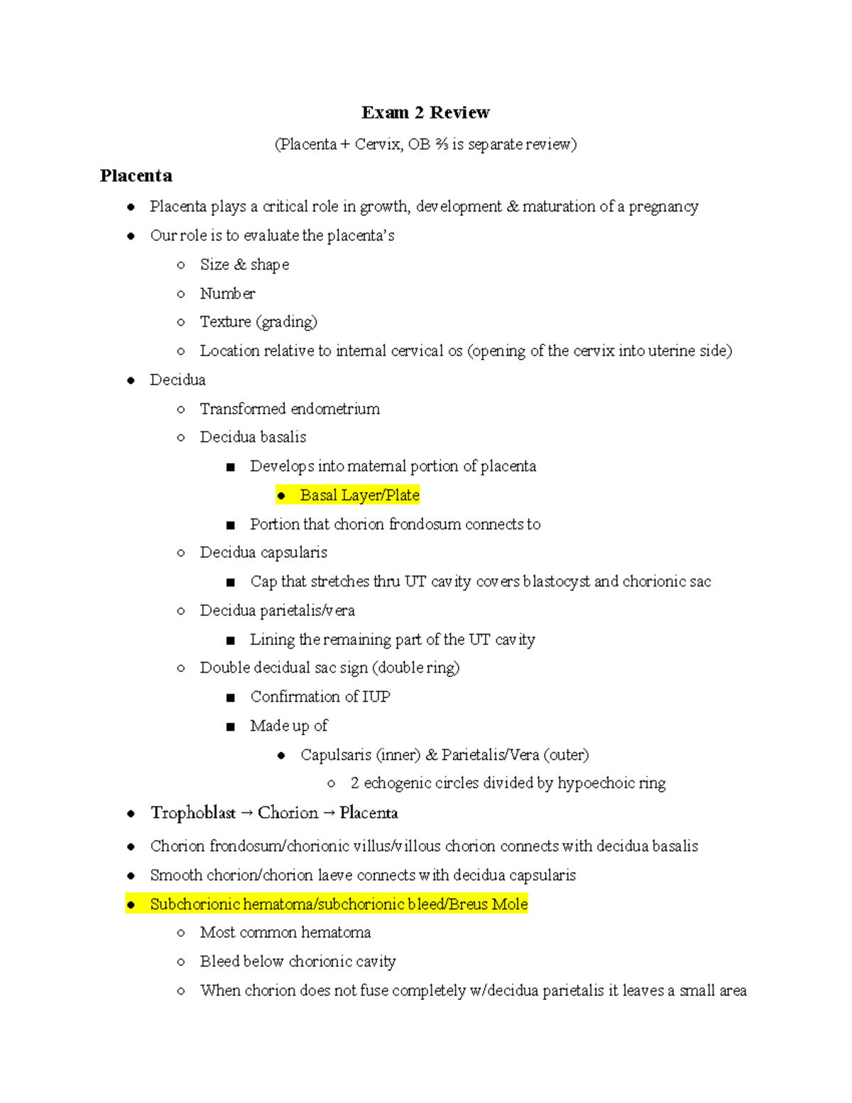 Exam 2 Review Placenta + Cervix notes - Exam 2 Review (Placenta ...