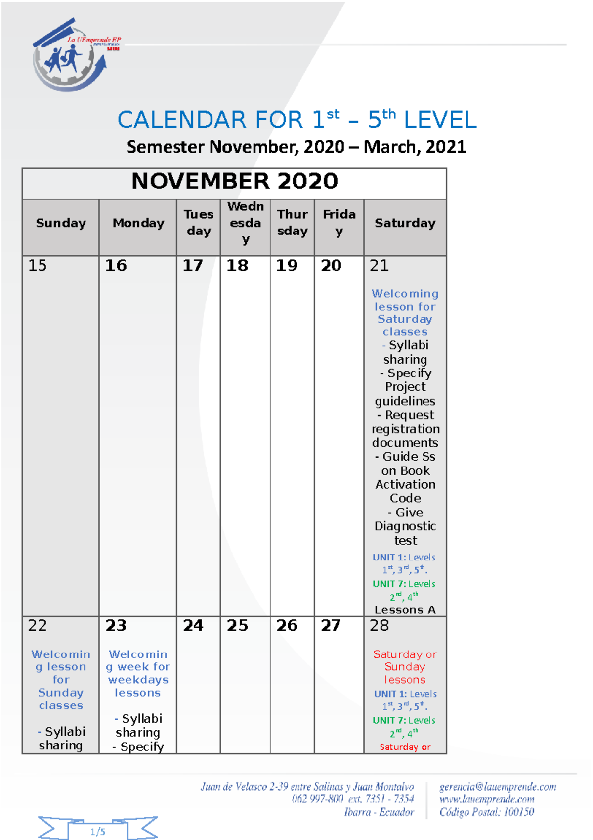 Calendario Academico. Ciclo Nov. 2020 - Marzo, 2021 - CALENDAR FOR 1 st