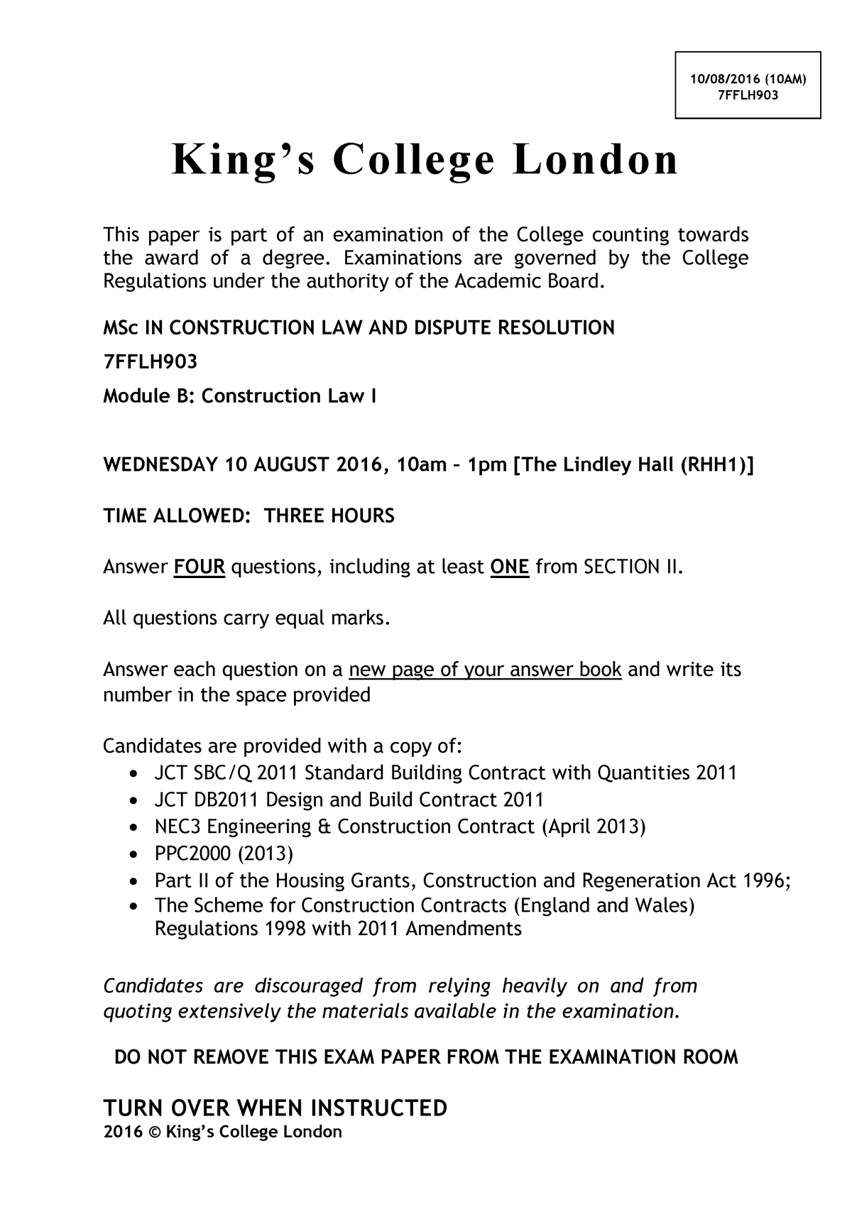 Module B 2016 Exam Paper - August - Final V2 - 7FFLH903 - KCL - Studocu