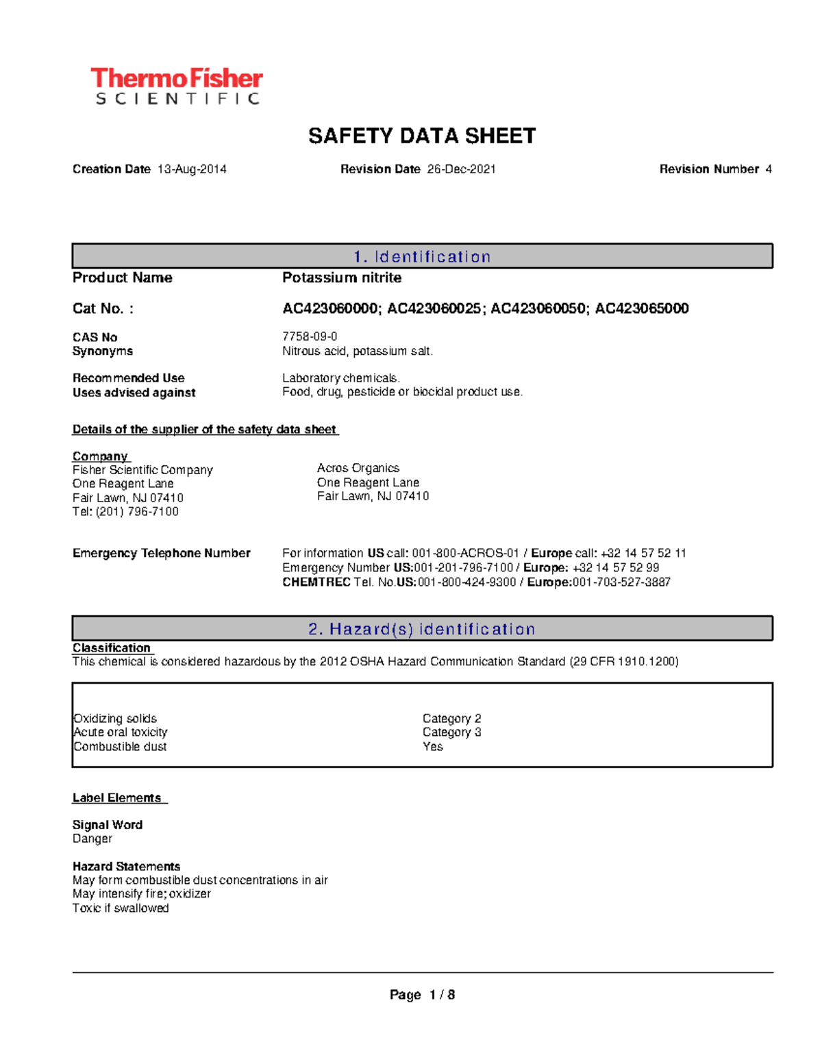 MSDS - Potassium nitrite - SAFETY DATA SHEET Creation Date 13-Aug-2014 ...