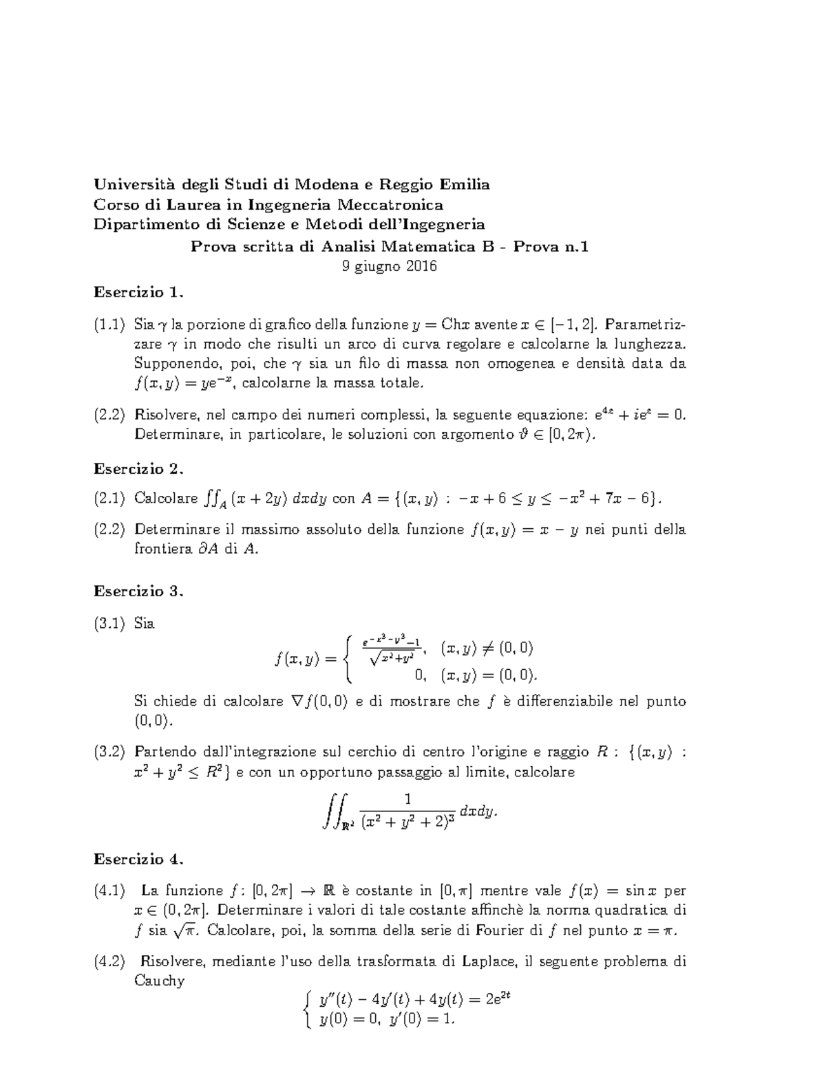 Analisi B Scritti 2016-17 - Corso Di Laurea In Ingegneria Meccatronica ...