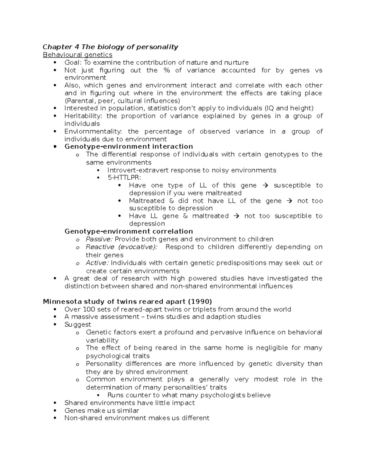 PSYB30 Ch4-6 - study guide - Chapter 4 The biology of personality ...