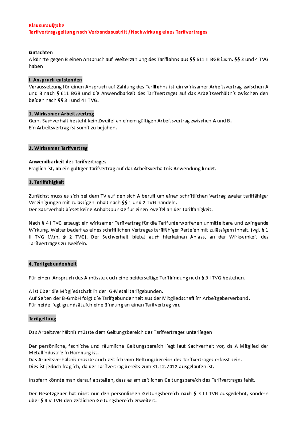 Tarifvertrag Für Auszubildende Des öffentlichen Dienstes Nachwirkung Tarifvertrag III - Klausuraufgabe Tarifvertragsgeltung nach