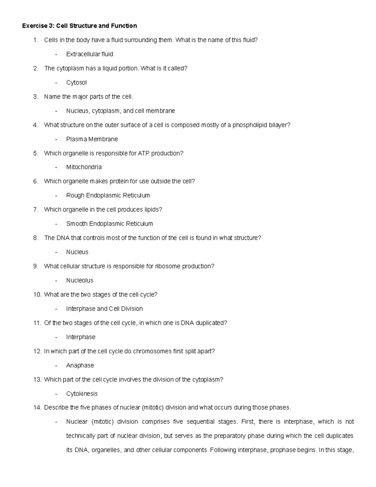 Exercise 3 Cell Structure and Function - Exercise 3: Cell Structure and ...