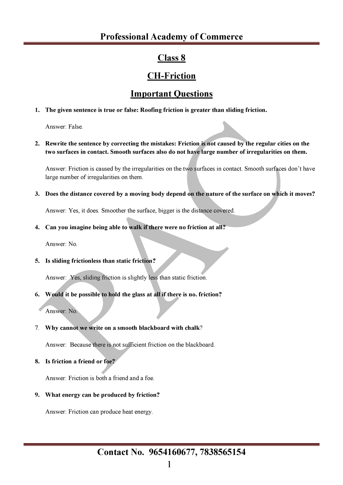 case study questions on friction class 8