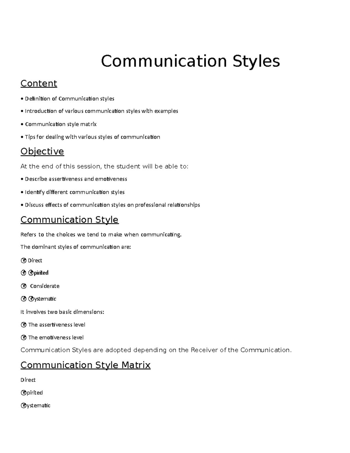 Chapter 4 Communication Styles Communication Styles Content