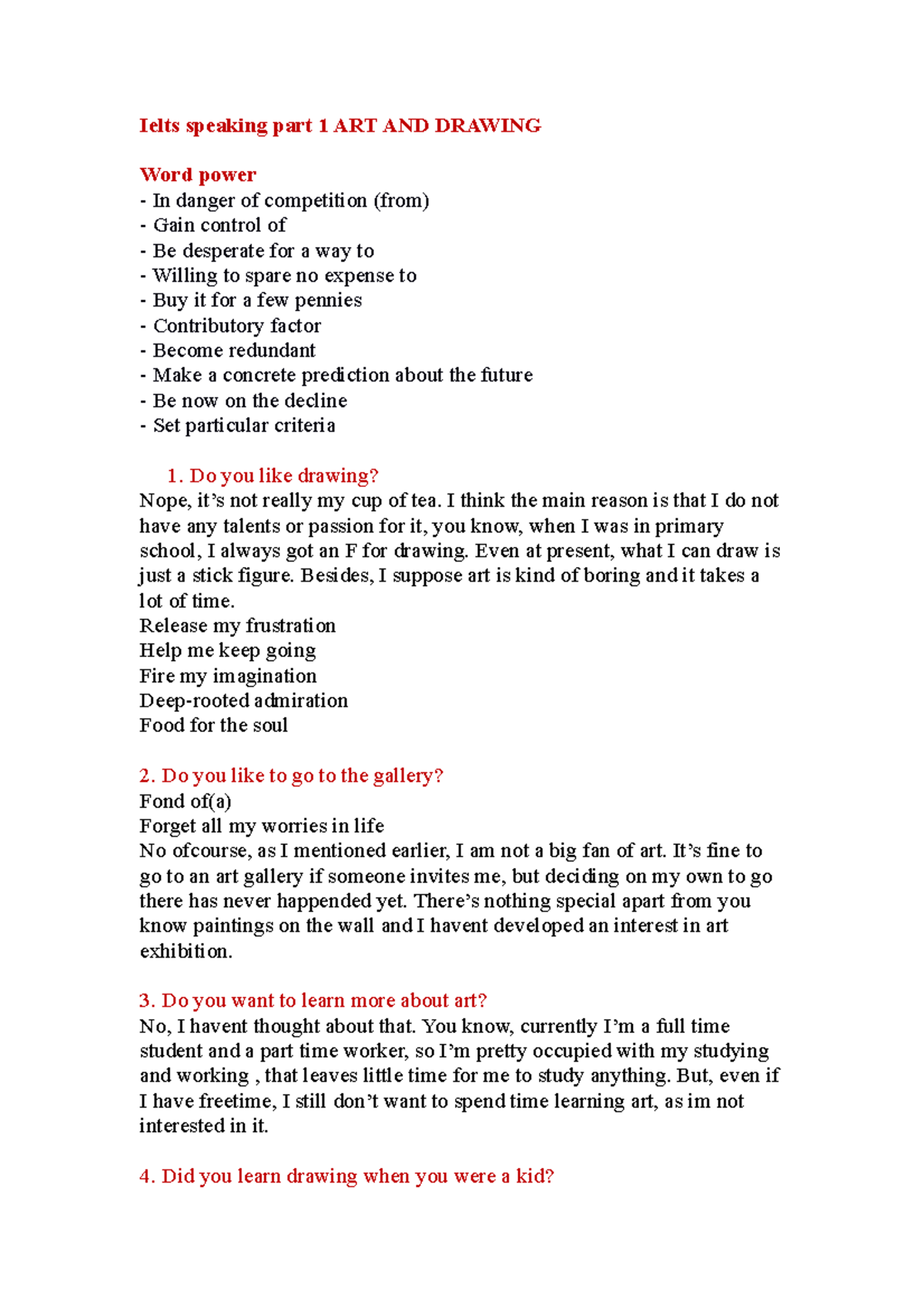 Ielts speaking part 1 ART AND Drawing Ielts speaking part 1 ART AND DRAWING Word power In