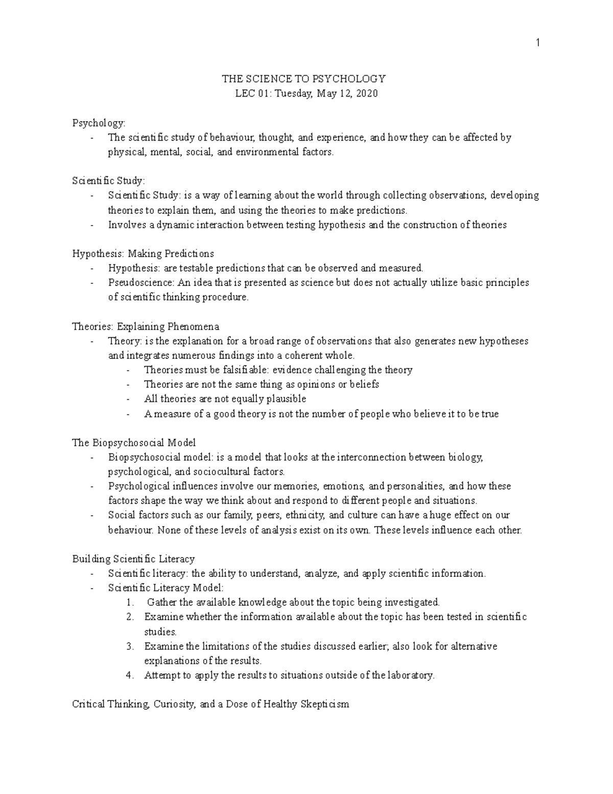 Chapter 1 The Science to Psychology - THE SCIENCE TO PSYCHOLOGY LEC 01 ...
