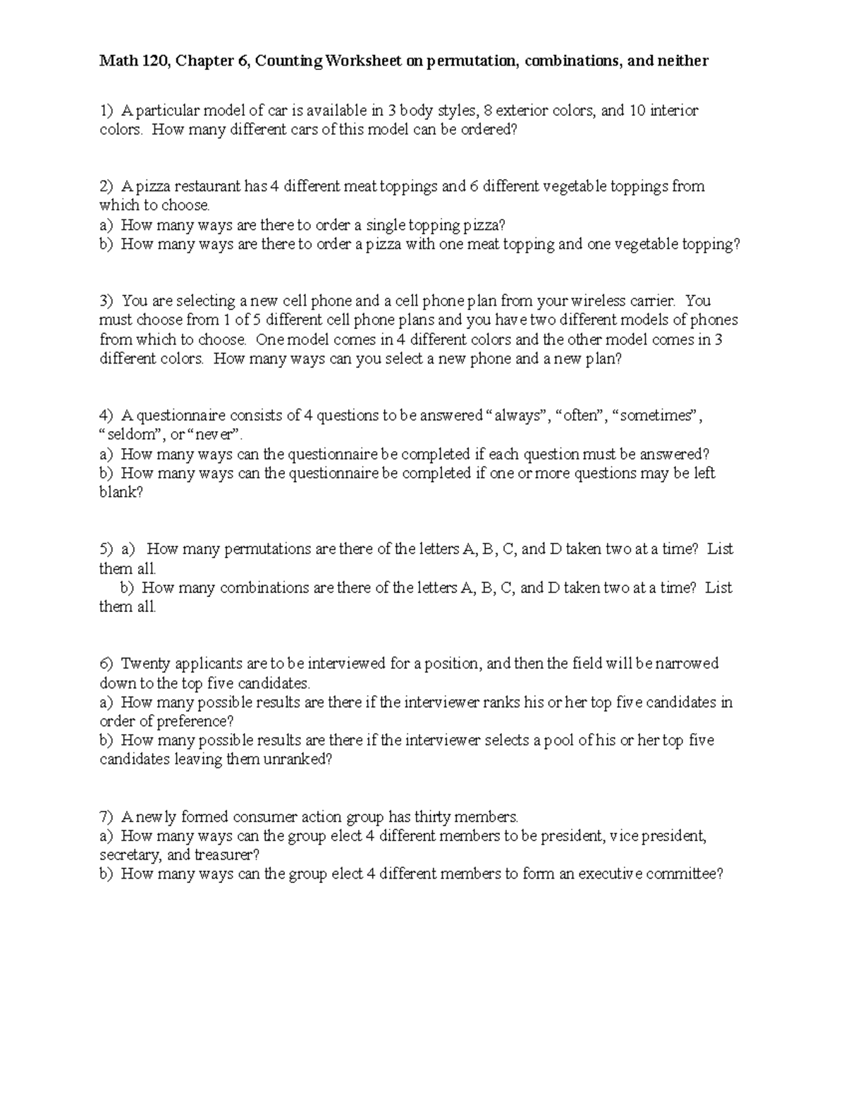 Counting practice permutation and combinations - MAT 22 - Finite Within Combinations And Permutations Worksheet