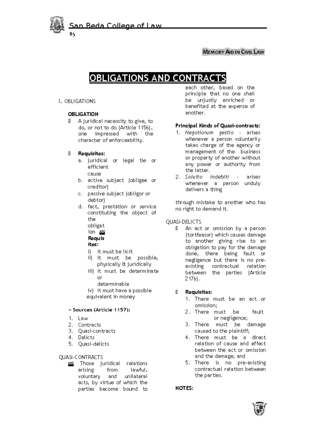 The Law On Obligations And Contracts - San Beda College Of Law 85 ...